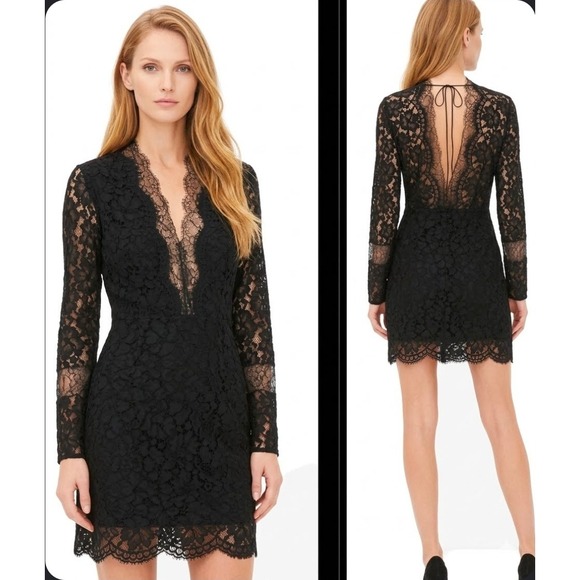 Sandro Dresses & Skirts - Sandro Black Lace Mini Dress Size 2 V-Neck Open Back Eyelash Trim Cocktail